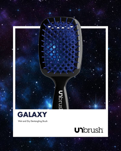 UNbrush Detangling Hair Brush in Galaxy Dark Blue with polaroid background