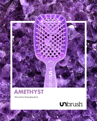 UNbrush Glitter Detangling Hair Brush in Amethyst Purple with polaroid background