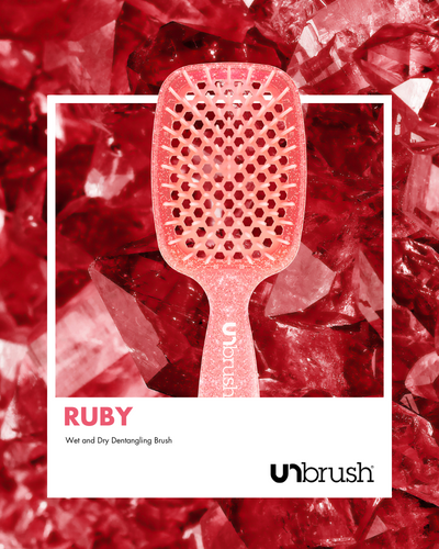 UNbrush Glitter Detangling Hair Brush in Ruby Red Polaroid Background