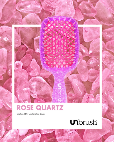 UNbrush Glitter Detangling Hair Brush in Rose Quartz Pink Polaroid Background