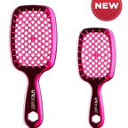 Two pink hairbrushes with a 'NEW' label on a white background