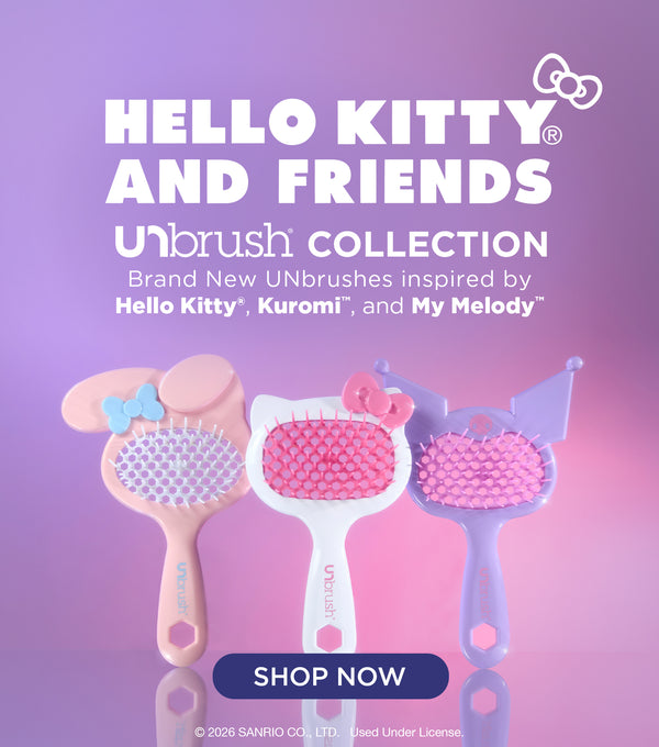 Three hairbrushes inspired by Hello Kitty, Kuromi, and My Melody on a gradient purple and pink background with promotional text.