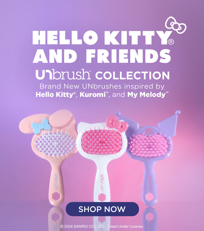 Three hairbrushes inspired by Hello Kitty, Kuromi, and My Melody on a gradient purple and pink background with promotional text.
