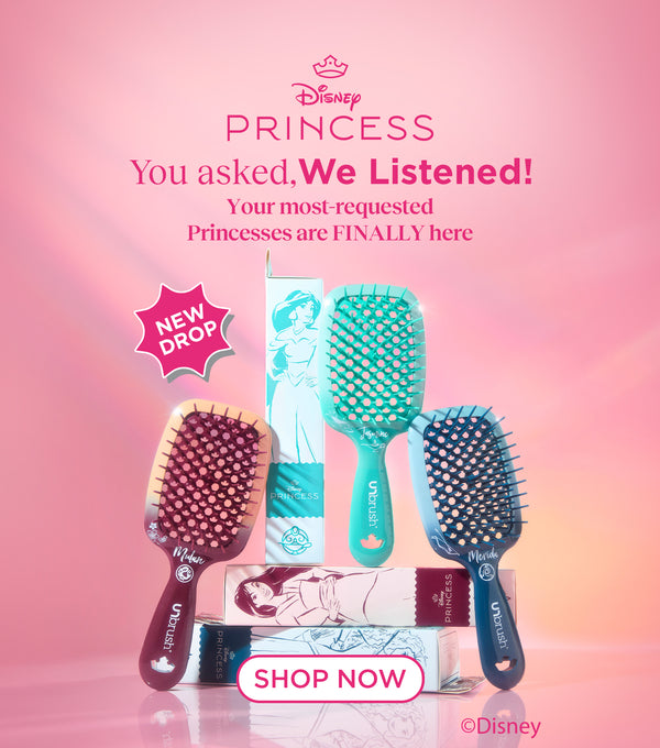 Set of Disney Princess hairbrushes with promotional text on a pink background