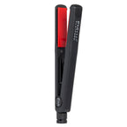 Black hair straightener with red interior on a white background