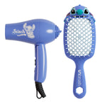 Blue Disney Stitch-themed mini travel hair dryer and UNbrush set featuring character design and branding from Disney's Lilo & Stitch on a white background.