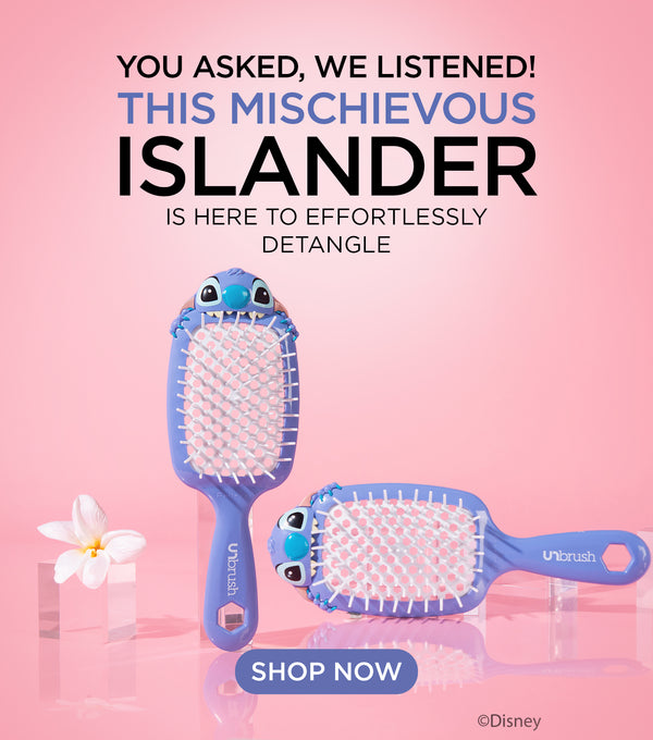 Unbrush hairbrush with cartoon face on pink background, promotional text above, 'Disney' logo at bottom.