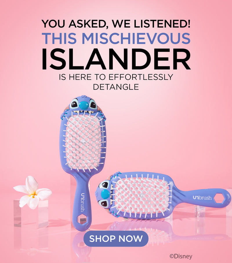 Unbrush hairbrush with cartoon face on pink background, promotional text above, 'Disney' logo at bottom.