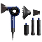 hair dryer in blue with black attachments and three dryer grips, displayed on a clean white background.
