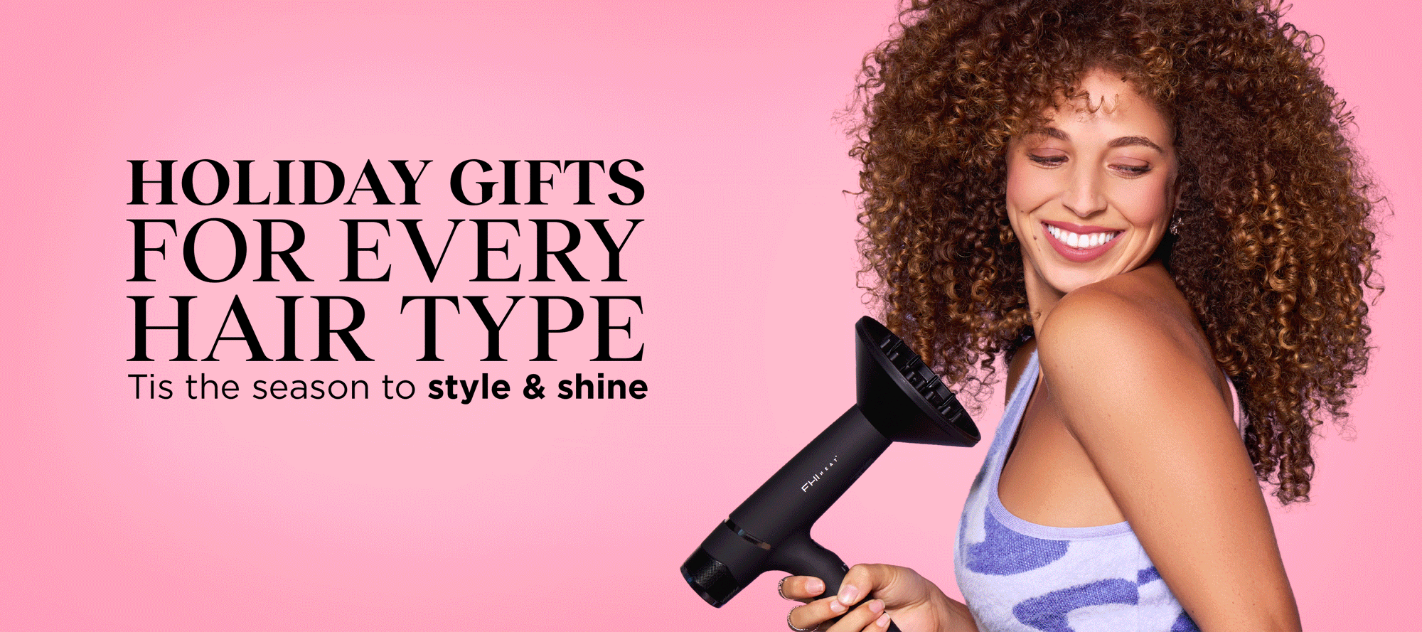 models holding brushes and tools on a pink background
