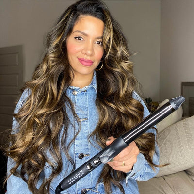 Platform Titanium Luster Pro Curler 1" Held By Model With Thick Curly Hair Curling Iron